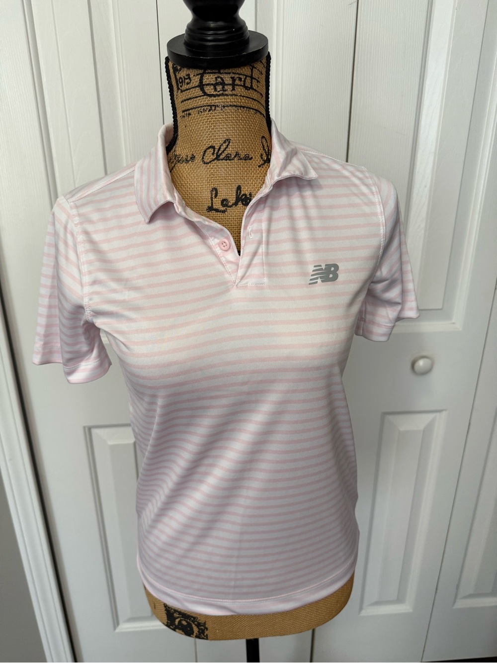 New Balance Light Pink & White Striped Polo